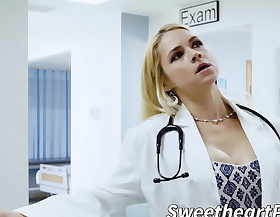 Young bimbo seduces busty lesbian doctor and licks her twat