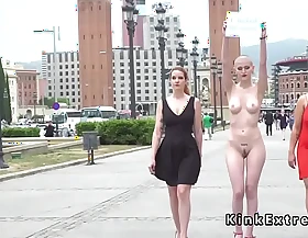 Shaved head slave walked naked in public