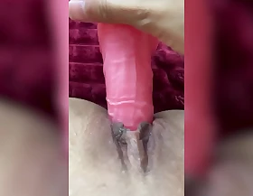 Close upon reviling with big pink dildo and pink powerfull vibrator