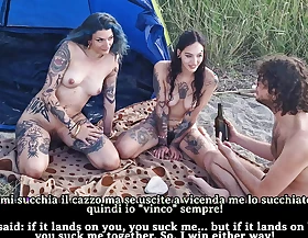 Spin the Bottle Game on the Beach -Unforgettable Holiday Sex w. Two Dazzling Girls english subtitles