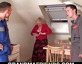 Two repairmen fuck big tits grandma