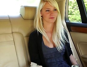 Myfirstpublic girl leans at large car window to swell button up by cock