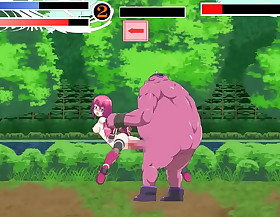 Cute pink haired girl having sex about big creature man in tie meister posture anime game